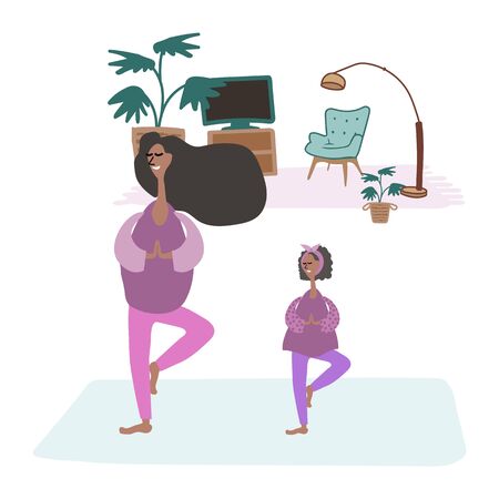 Illustration of mom with daughter occupations fitness at home. Freehand drawing illustrating the process of yoga parents with a child. Family drawing, kids wellness fitness exercise. Image shows reflective global events in the world. Sit at home. Quarantineのイラスト素材