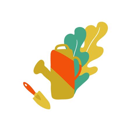 Illustration of a garden, shovel, plants, flowers. Vector minimal illustration in scandinavian style. Demonstration of things for planting plantsのイラスト素材
