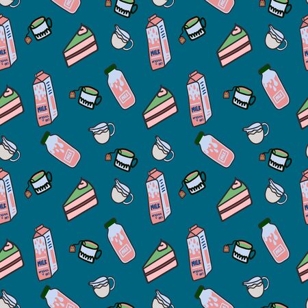 A set of flat drawn summer illustrations. Design elements for food, accessories, and beverages. Color cliparts for spending time in nature, the beach. Isolated Scandinavian summer cartoon elementsのイラスト素材