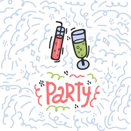 The inscription of the Party in the circle Doodle background. Inscription with an Illustration of glasses and drinks with gas and a tube. Beautiful cartoon background drawn by hand. A great poster for a partyのイラスト素材