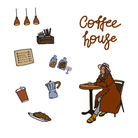 A set of hand-drawn illustrations for cafes. The girl is sitting at a cafe table. Vector illustration of coffee makers, cookie jars, menus, lamps. The concept of support of small business and the poster for the coffee shop.のイラスト素材