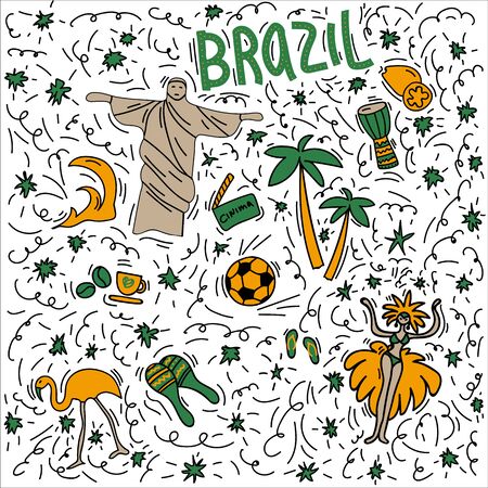 Hand-drawn symbols of Brazil with lettering. Doodle style illustration, Christ Statue, Carnival symbol, Pink Flamingo, maracas fruit, Pandeiro drum, football symbols. Multicolored background of objects symbolizing Brazilのイラスト素材