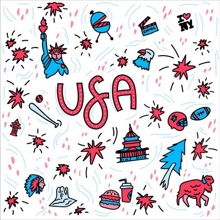 Hand-drawn symbols of the United States with lettering. Doodle style illustration, Statue of liberty, White house, Grand Canyon, barbecue, food, baseball symbols, socker symbols. Multicolored background of items symbolizing the United Statesのイラスト素材