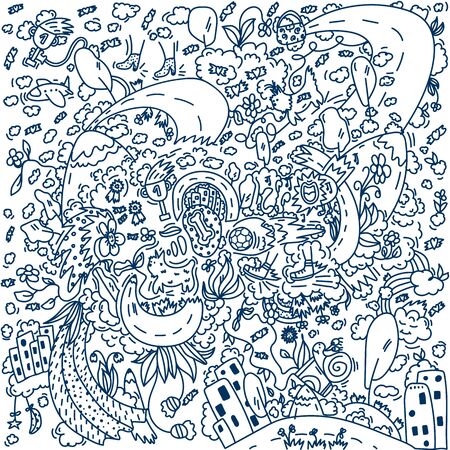 Hand-drawn illustration of a walk. A conceptual image of life after the epidemic, outside the home, walking Pets in parks and on the street. An illustration drawn in the Doodle style. Time spent in the open air. In a circle of flowers, foliage, clouds and treesのイラスト素材