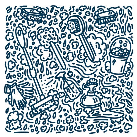 Covid quote -19 , inside the composition, hygienic promotion using, disinfection with alcohol and washing hands in a flat style, sketch drawing. Coronavirus pandemic, self-isolation, healthcare.のイラスト素材
