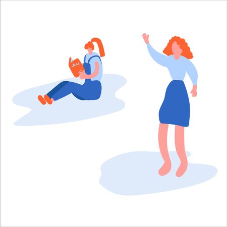 Hand-drawn illustration of a woman reading a book. Girl with a book, social distance. Girls are far away from each otherのイラスト素材