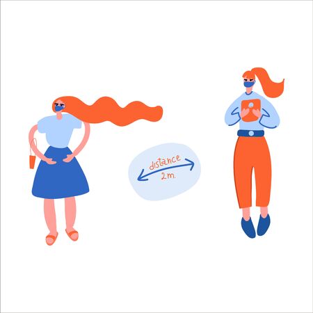 Hand-drawn illustration of masked people on a walk, in accordance with the requirement during the coronavirus pandemic and after the lifting of some restrictions. People in masks and at a distance. Fashionable girls on the street. Social distance and mask modeのイラスト素材