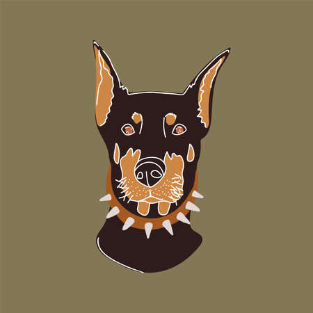 Hand-drawn illustration of a dog. Doberman portrait made in a pleasant green color scheme, inspired by African motifs. Pets are drawn to the background of a textile or panel. Beautiful and cute animalsのイラスト素材