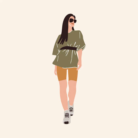 Illustration of a girl drawn by hand in a fashionable style. Woman clothing, fashion clothing. The portrait is made in a pleasant green color scheme, inspired by African motifs. Fashion girls are drawn to the background of a textile or panel. Beautiful and cute animals. Vector illustrationのイラスト素材