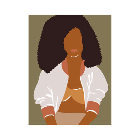 Illustration of a girl drawn by hand in a fashionable style. Woman clothing, fashion clothing. The portrait is made in a pleasant green color scheme, inspired by African motifs. Fashion girls are drawn to the background of a textile or panel. Beautiful and cute animals. Vector illustrationのイラスト素材