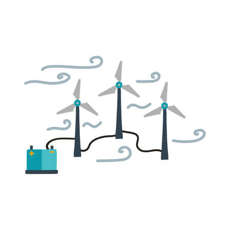 Illustration of windmills and a house on a hill. The image shows alternative energy sources. Nature, hills, grass and trees, renewable energy sources in a quiet corner far from the city. Vector illustrationのイラスト素材