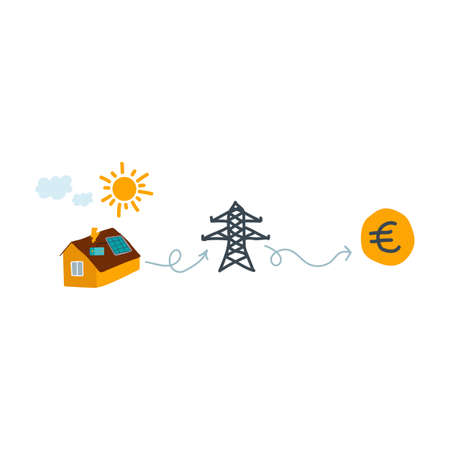 Illustration of windmills and a house on a hill. The image shows alternative energy sources. Nature, hills, grass and trees, renewable energy sources in a quiet corner far from the city. Vector illustrationのイラスト素材