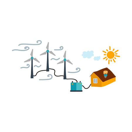 Illustration of windmills and a house on a hill. The image shows alternative energy sources. Nature, hills, grass and trees, renewable energy sources in a quiet corner far from the city. Vector illustrationのイラスト素材