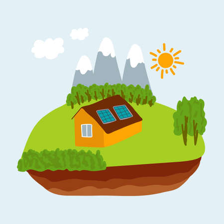 Illustration of windmills and a house on a hill. The image shows alternative energy sources. Nature, hills, grass and trees, renewable energy sources in a quiet corner far from the city. Vector illustrationのイラスト素材