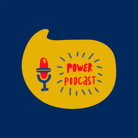 The media, a microphone and a speech bubble icon doodles. Sound recording device, media equipment hand-drawn vector illustration. Microphone, broadcast media color drawing isolated on a white background. The inscription is a podcast written by hand. Vector illustrationのイラスト素材