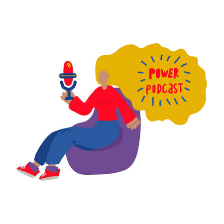 Radio host with a flat vector illustration of a table. Media hosting Doodle drawing. Female podcaster, girl holding a sign microphone with the inscription of the podcast, broadcaster in the workplace of an isolated cartoon character. Vector illustrationのイラスト素材