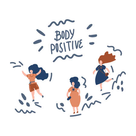 The concept of body positivity all bodies are good bodies. Vector illustration a group of plus size women. Illustration of girls drawn by hand to support women. Vector illustrationのイラスト素材