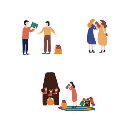 A set of people preparing for the winter holidays. Dress up the Christmas tree and prepare gifts, give gifts to each other. Men and women decorate the Christmas tree, prepare gifts by the fireplace. Flat cartoon vector illustration. Vector illustrationのイラスト素材