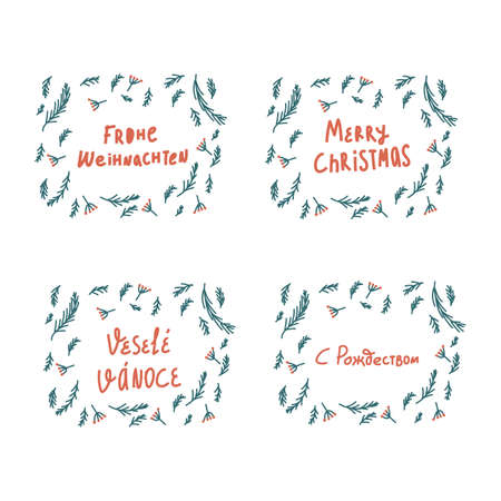 Christmas greetings handmade set of letters in the circle of the Christmas tree. English, Russian, Czech and German, Latin handwritten quotes. Christmas card. Vector illustrationのイラスト素材