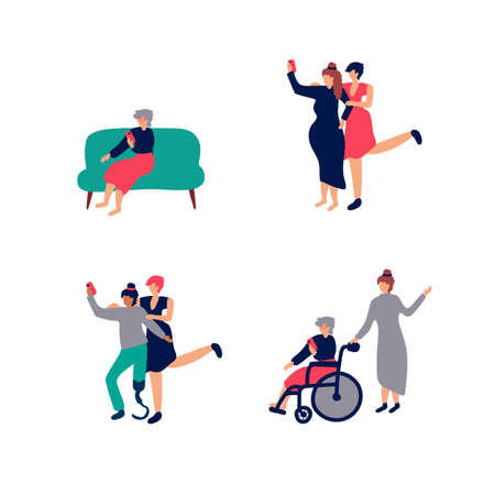 A diverse multi-racial and multicultural group of people of different ages. Happy old men in a wheelchair with a girl, women helping and spending time together. Social diversity. Flat cartoon vector illustration. Vector illustrationのイラスト素材