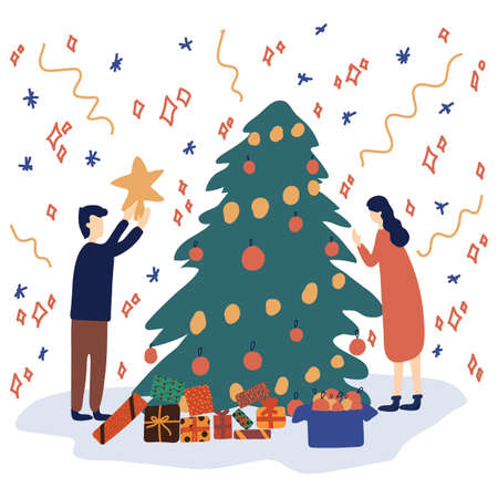 Winter scene with a girl and a Christmas tree.Christmas scene with the image of a tree. Vector illustration in flat style. Walk in the winter, play with children on winter holidays. Vector illustrationのイラスト素材