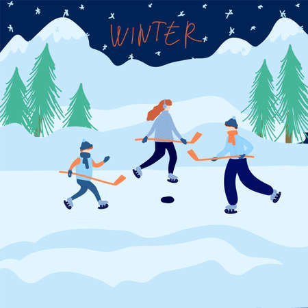 Cute winter, Christmas illustration of a loving happy family on winter vacation. Mom, dad and child walk and skate. Christmas illustration of a family in nature, winter games in natureのイラスト素材