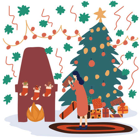 Winter scene with a girl and a Christmas tree.Christmas scene with the image of a tree. Vector illustration in flat style. Walk in the winter, play with children on winter holidays. Vector illustrationのイラスト素材