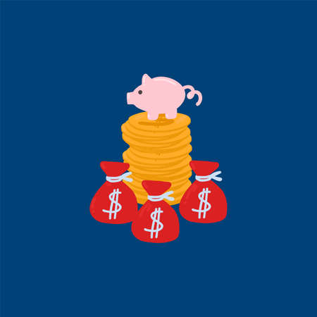 Concept Of pension savings. A piggy Bank with savings and bags of money. Savings in gold coins for retirement. Financial piggy Bank for Pensioners. Illustration made in vector style. Vector illustrationのイラスト素材