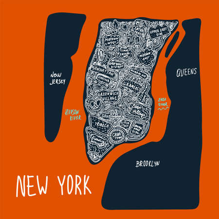 Map of Manhattan in parts of the city of new-York, USA. A flat hand-drawn illustration drawn in a line on a dark background. Attractions and places in the United States States, new York city, district, tourist places clipart. A city drawn in the Doodle cartoon style. Travel to cities and districts of the United States, tourist poster of the city of new York comics. Vector illustrationのイラスト素材