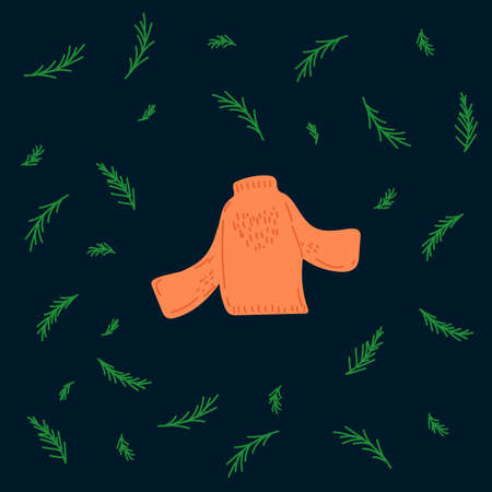 illustration of the New year with a jacket. Picture with a jacket symbol of winter time, in a circle of green Christmas trees. Drawn warm clothes in Doodle style. Happy new year 2021.のイラスト素材