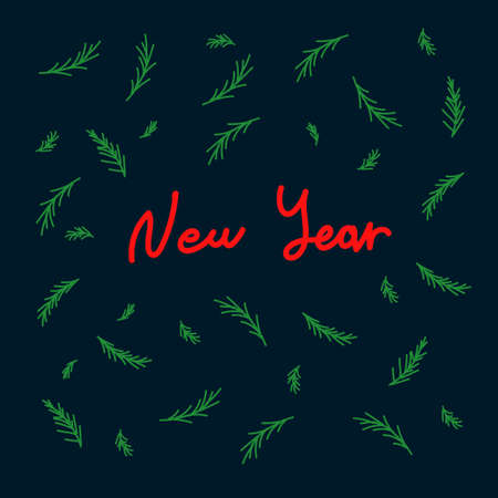 New year's card with lettering in a circle of green Christmas trees. Children's illustration with New year lettering, for Christmas cards. Drawn in the Doodle style. Happy new year 2021.のイラスト素材