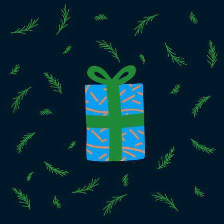 illustration of New year 2021 gifts. Picture with gift circle of green Christmas tree. Drawn holiday gift in Doodle style. Happy new year 2021 illustrationのイラスト素材