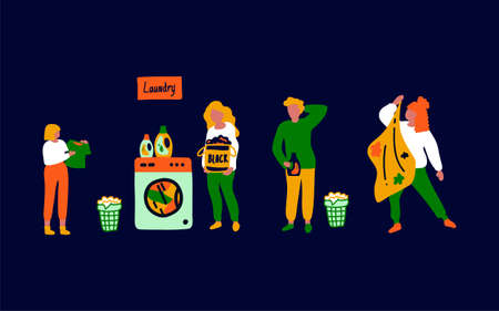 Illustration in the Laundry service people wash. Cartoon image a female and male character visits a Laundry service with a washing machine, washing powder, and dirty clothes. Vector illustrationのイラスト素材