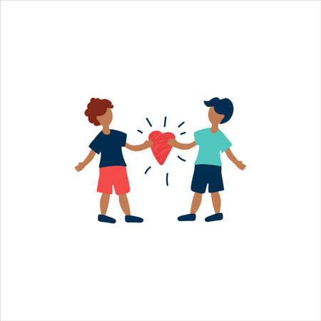 Illustration of cards with young people giving a heart for the day of Love. Two people in love, hearts and symbols of love. Hand-drawn images concept of a date, for Valentines day. Vector illustrationのイラスト素材