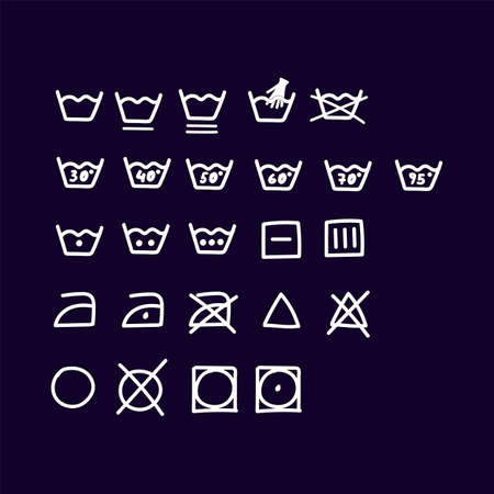 Icons for the Laundry service in the Doodle style. Icons for marking on clothing are hand-drawn in color. Icon template for the Laundry room. Vector illustrationのイラスト素材