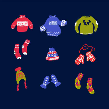 A large set of illustrations of winter clothing and accessories. Vector Image with winter clothing: red mittens, sweaters, hats and socks on a dark background. Hand-drawn warm clothing and accessories for winter in the style of doodles. Happy new year 2021. Vector illustrationのイラスト素材