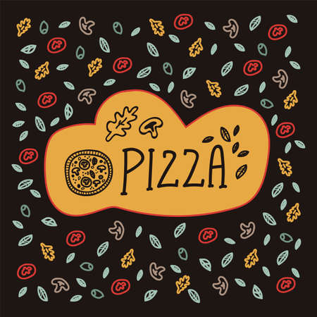 Cartoon illustration with the inscription Pizza in the style of doodles. Vector design of a picture  for a pizzeria in a circle of elements of pizza, food. Pattern for pizzeria wall emblem Doodle hand drawn line. Vector illustrationのイラスト素材