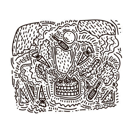 Vector illustration of a pattern of kitchen doodles. Cartoon set of cooking in a cafe.  Restaurant and culinary wall icons Doodle drawn line. Vector illustrationのイラスト素材
