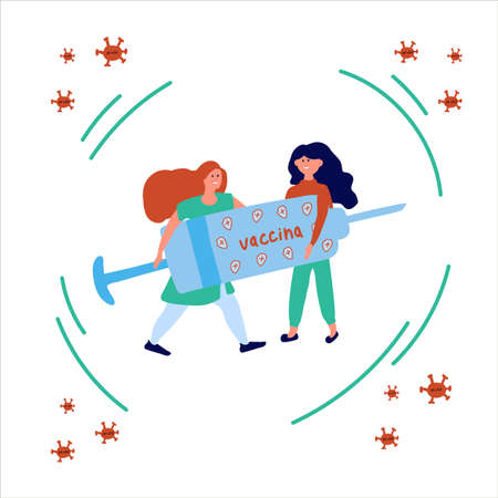 Cartoon people with a protective syringe with the inscription Vaccine. Concept of control and protection against pathogens of coronavirus 2019-nCoV. Illustration of the vaccine and women's idea of protection and control against CAVID-19 viruses. Vector illustrationのイラスト素材