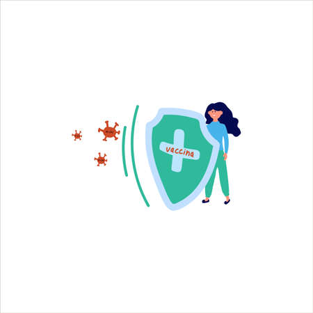 Cartoon woman with a protective Shield that says Vaccine. The concept of vaccination and protection against COVID-19. A woman with a vaccine shield with protection against pathogens of the 2019-NCOV coronavirus.のイラスト素材
