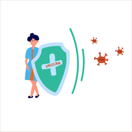 Illustration of a woman with a protective shield and the inscription Vaccine. The concept of vaccine and women's idea of protection and control against COVID-19 viruses.  Vector illustrationのイラスト素材
