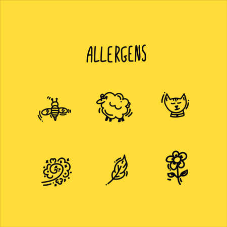 Collection of Allergen icons drawn linearly. Set of Allergen icons. Icons designed to indicate allergens in food or in the home of a person. Medical contraindications label on the product packaging. Vector illustrationのイラスト素材