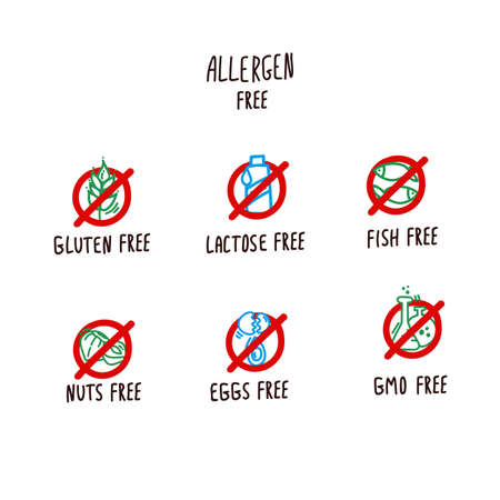 Collection of allergen icons drawn in color. Icons indicate negative allergens in food. Pin for indicating allergens in food: Without gluten, lactose, honey, nuts, fish, eggs. Medical contraindications designation on the product label special marking. Vector illustrationのイラスト素材