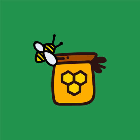 Illustration of honey bees on a jar of honey. Vector color Doodle drawn for a Bee farm. Beautiful...