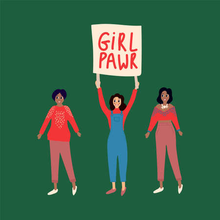 Poster people with a poster. Feminist portrait of women with the inscription Girl Power. The idea of women's protest art on March 8. Cartoon hand-drawn greeting card for mother's Day. Vector illustrationのイラスト素材