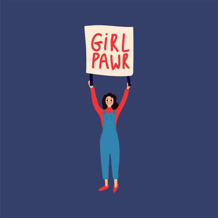 Illustration of a woman with a poster. Feminist postcards of a girl with the inscription Girl Power. Women's protest art on international women's day.のイラスト素材