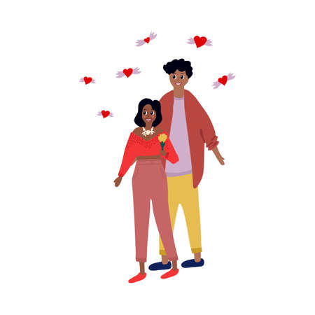 Vector clip art of a couple in love on a date. A man and a woman are in love on a romantic date. Girl with a flower on Valentine's Day. Charming couple with hearts around on love day. Vector illustrationのイラスト素材