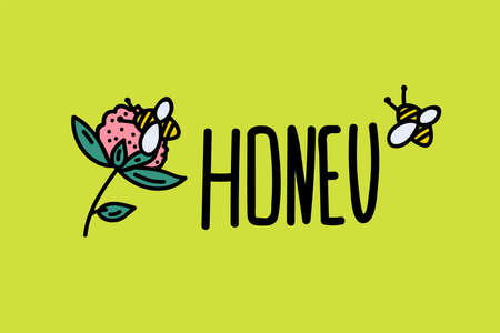 Honey bee on a flower with the inscription Honey. The scrawl of the drawn figure to the Bee farm. Illustration in the vector of a flying insect for the honey brand book. Vector illustrationのイラスト素材