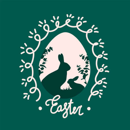 Vector Easter bunnies on a greeting card. The illustration is made in the flat style for the spring holiday of Easter. Spring cute retro picture with an Easter Bunny. Happy spring holiday of Easter. Vector illustrationのイラスト素材