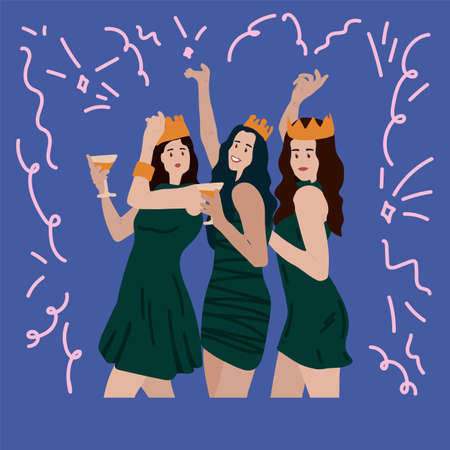 Cute girls dancing and having fun. Vector clipart concept of holidays. People are happy and celebrating the Celebration: New year, Christmas, Birthday, Women's day, Mother's Day. Doodle style illustration for your postcard or for social networks. Vector illustrationのイラスト素材